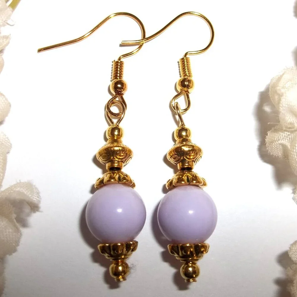 Light Purple Earrings Gold Beaded Dangle Drop Jewelry Fashion Accessory Set D402